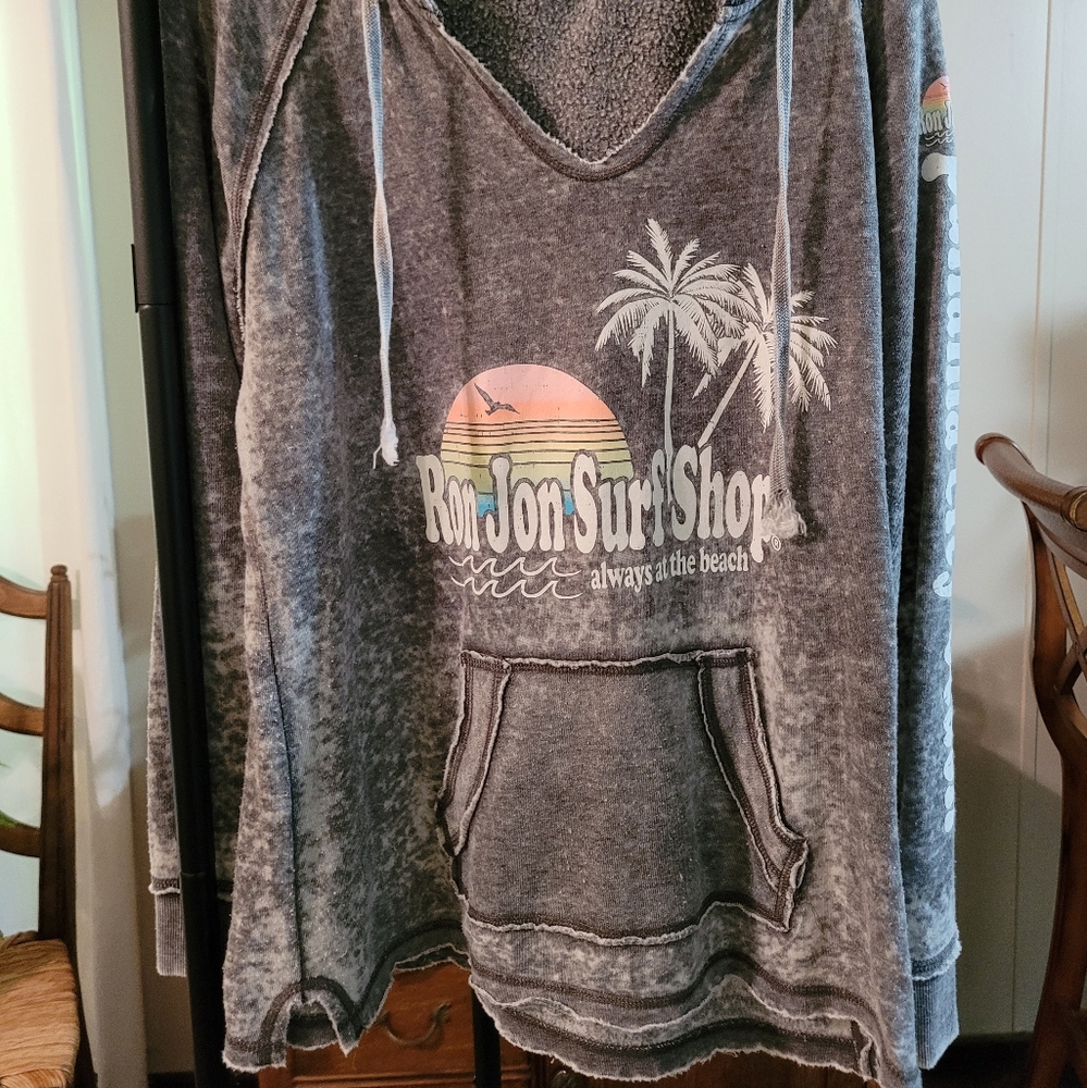 Ron Jon Heavily Distressed Gray Hoodie with Sunset Graphic
